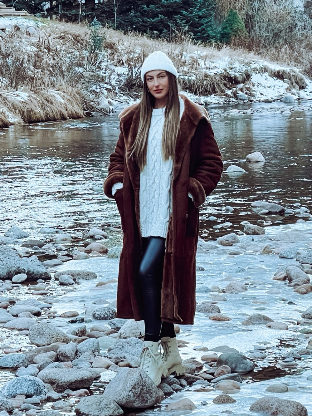 Long Brown Shearling Coat with White Knit Sweater